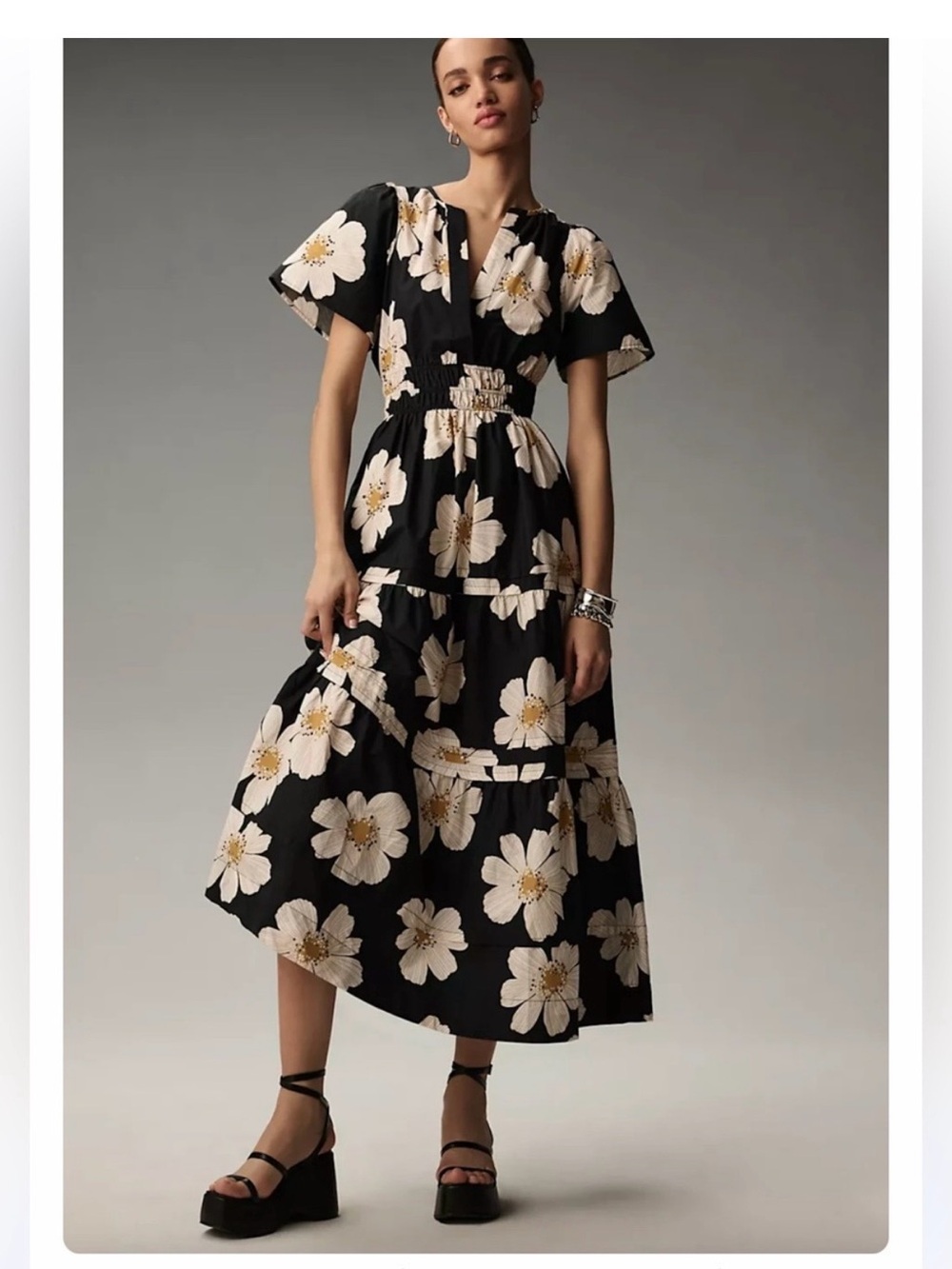 Anthropologie Somerset Maxi Dress Black with white and gold flowers